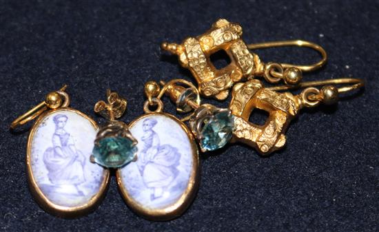 Three pairs of earrings including blue zircon.